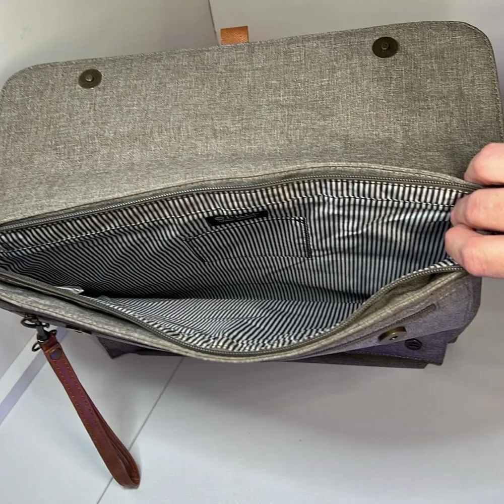 PKG Tablet Case Laptop Bag New w/o Tags Gray with Tobacco Faux Leather Trim